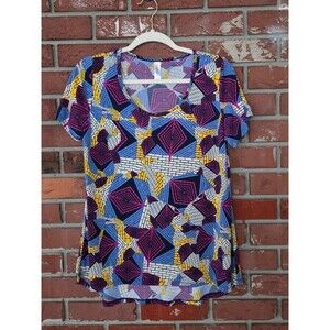 LuLaRoe Classic T Multicolor Blue Purple Yellow Cream Kitsch Print S Small NWOT
